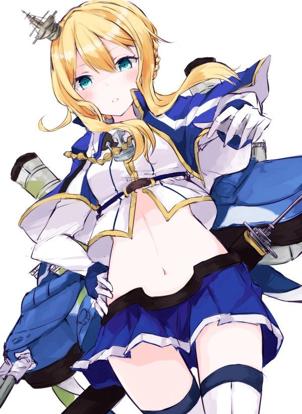 anchor azur_lane bangs blonde_hair blue_capelet blue_skirt blush braid capelet eyelashes floating_hair french_braid gloves green_eyes hair_ornament hand_on_hip looking_at_viewer miniskirt navel outstretched_hand parted_lips renown_(azur_lane) rigging shaded_face skirt solo sotsunaku standing thighhighs turret white_gloves white_legwear