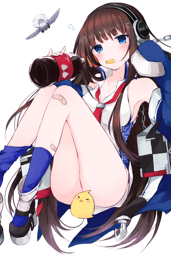 aircraft armpits azur_lane bangs bare_shoulders bird black_hair blue_eyes blue_jacket blue_legwear blunt_bangs blush bottle breasts censored character_censor chips cleavage cola collarbone dress eating floating food headphones holding holding_bottle jacket long_hair long_island_(azur_lane) long_sleeves looking_at_viewer medium_breasts necktie novelty_censor partially_unbuttoned pink_pupils red_neckwear rigging shirt sleeveless sleeveless_dress sleeveless_shirt socks solo sotsunaku straight_hair very_long_hair