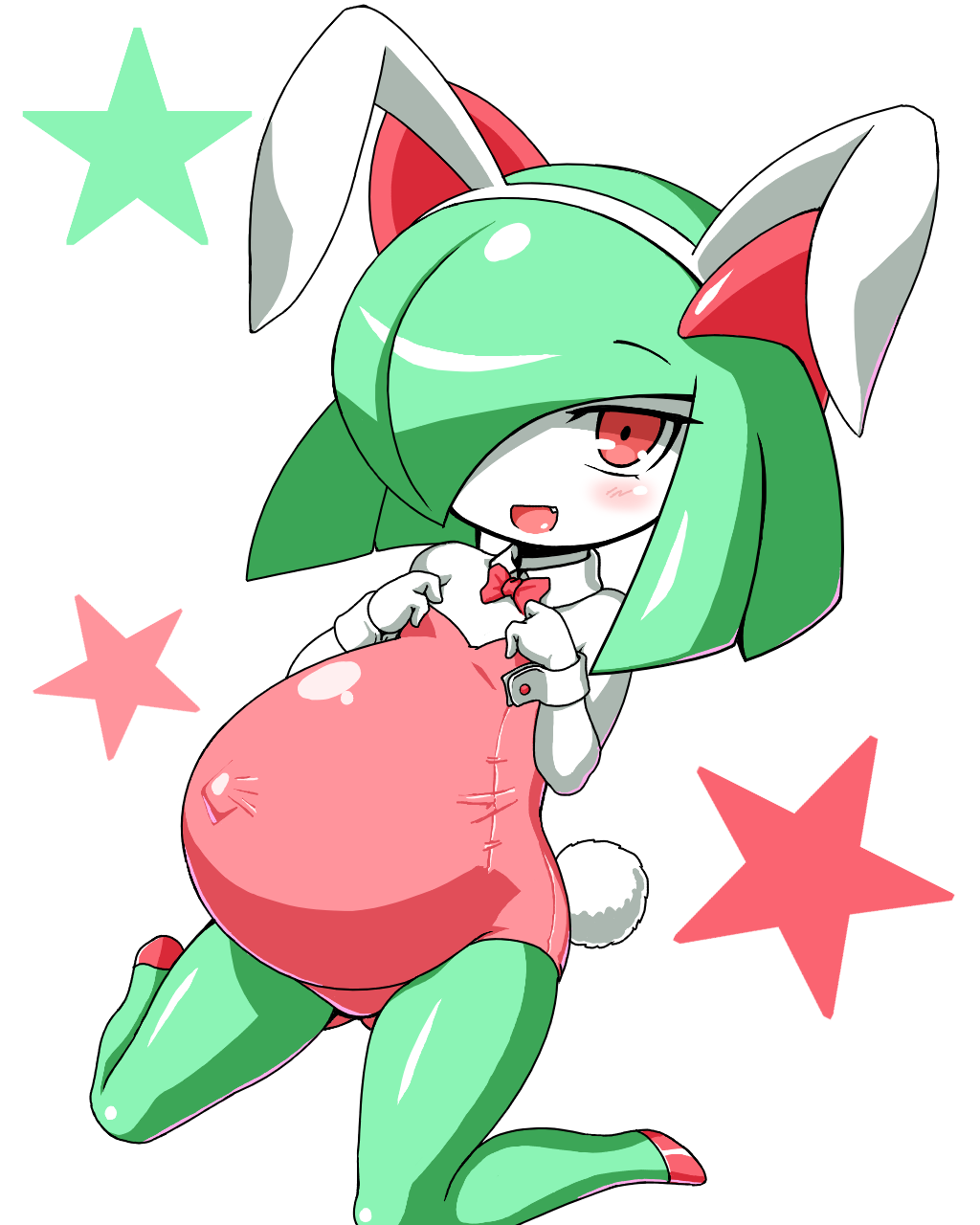 0k0j0 2014 belly big_belly blush bow bunny_costume clothing costume fangs female green_hair green_skin hair hair_over_eye hi_res horn humanoid kirlia kneeling looking_at_viewer multicolored_skin nintendo not_furry open_mouth open_smile pok&eacute;mon pok&eacute;mon_(species) pregnant red_eyes simple_background smile solo star tight_clothing two_tone_skin video_games white_background white_skin