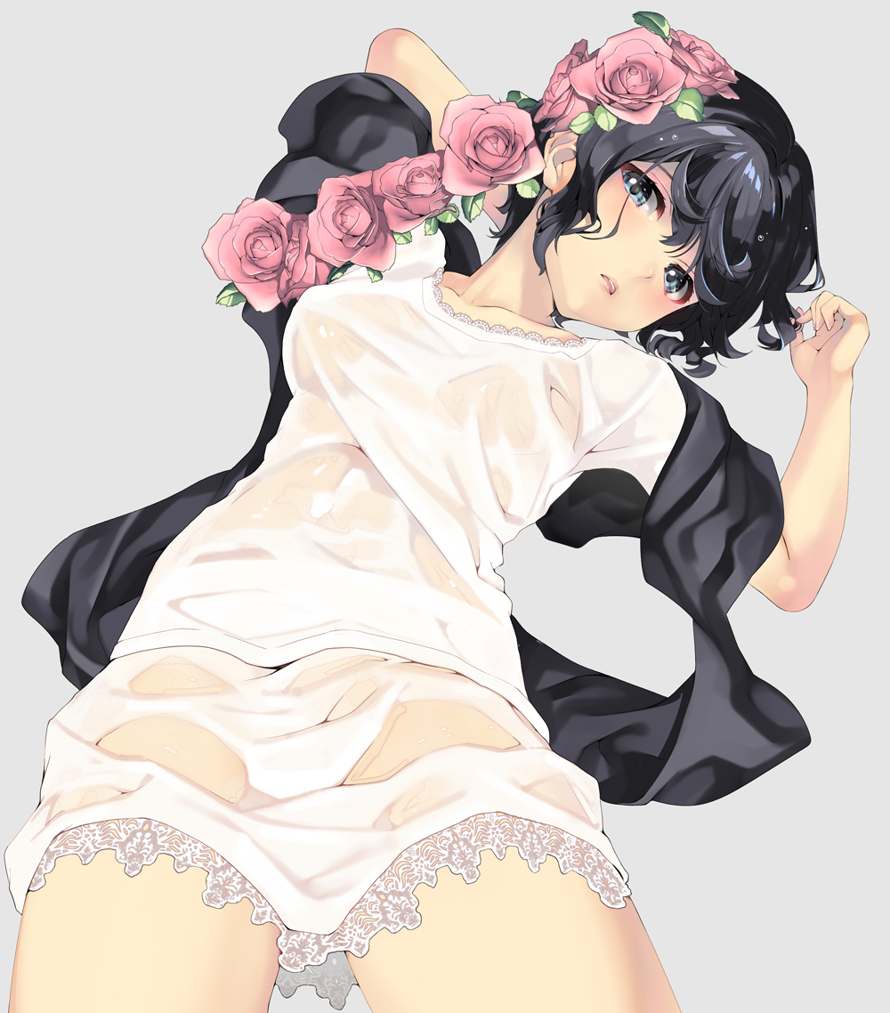 arms_up bangs black_hair blue_eyes blush breasts collarbone flower foreshortening grey_background hair_flower hair_ornament hand_behind_head head_tilt lips looking_at_viewer lying medium_breasts naruse_hirofumi no_bra no_panties on_back open_mouth original pink_flower pink_rose rose see-through shawl shiny shiny_hair shirt short_hair simple_background skirt solo thighs wet wet_clothes wet_shirt wet_skirt white_shirt white_skirt