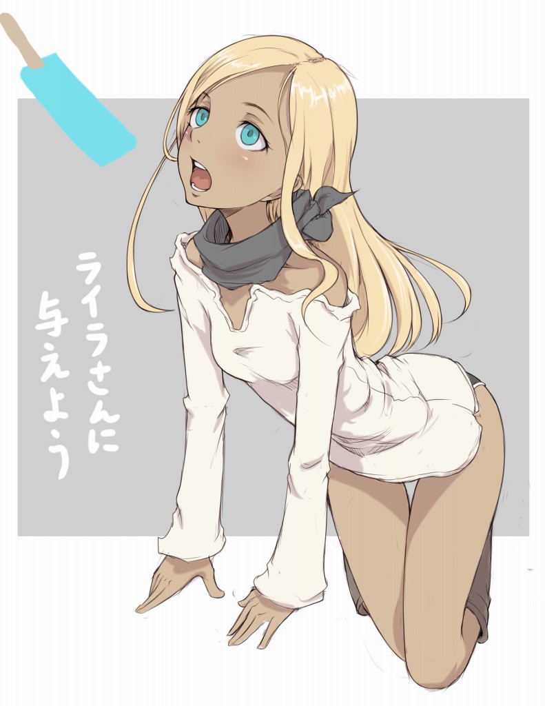 all_fours bare_shoulders black_scarf blonde_hair blue_eyes blush boots dark_skin food full_body idolmaster idolmaster_cinderella_girls ina_(gokihoihoi) knee_boots layla_(idolmaster) long_hair long_sleeves off-shoulder_shirt open_mouth popsicle scarf sexually_suggestive shiny shiny_hair shirt solo thigh_gap translation_request two-tone_background white_shirt