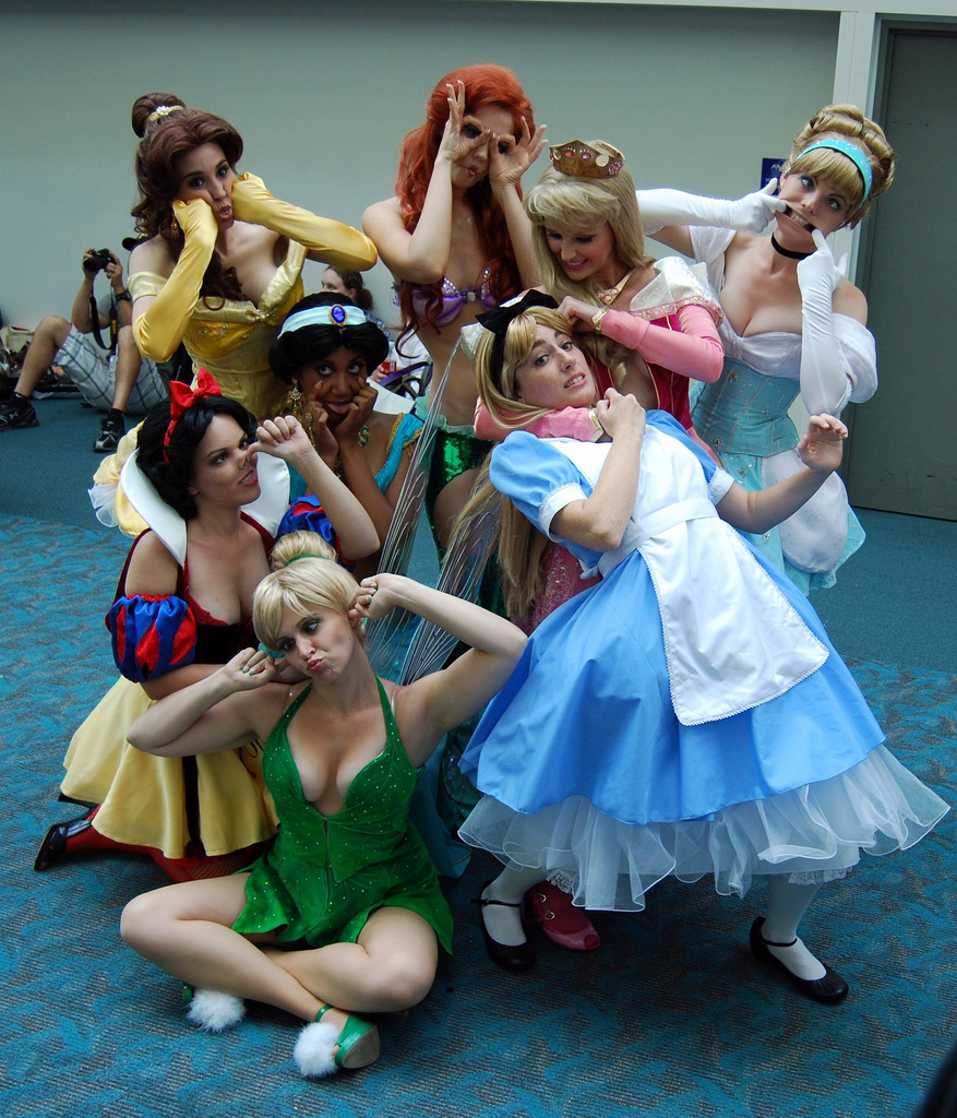 aladdin alice_(alice_in_wonderland) alice_(disney) alice_in_wonderland ariel_(disney) belle_(beauty_and_the_beast) breasts cinderella_(copyright) cinderella_(disney) cleavage clothed clothing cosplay disney female group human human_only jasmine_(aladdin) mammal princess_aurora real sleeping_beauty snow_white the_little_mermaid tinkerbell unknown_artist