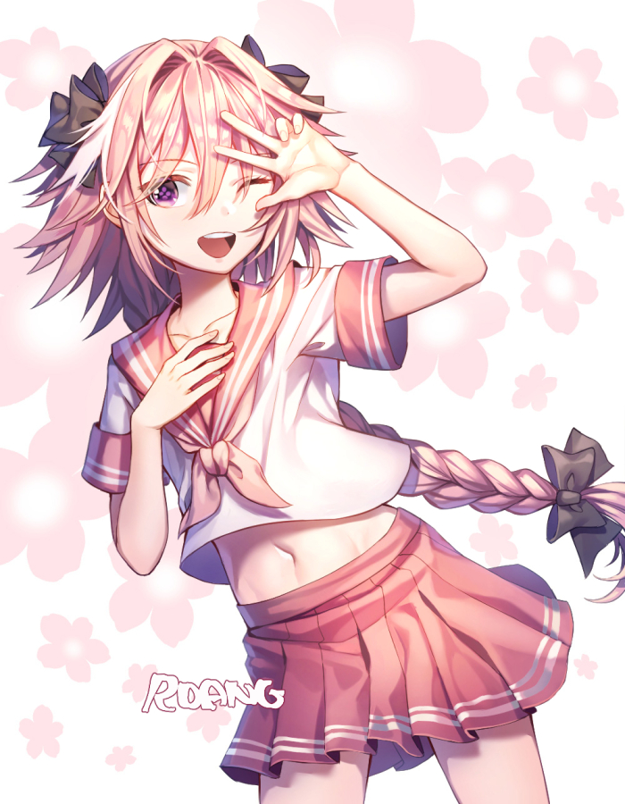 ;d artist_name astolfo_(fate) bangs black_bow bow braid commentary cowboy_shot eyebrows_visible_through_hair fate/apocrypha fate/grand_order fate_(series) fingernails floral_background groin hair_between_eyes hair_bow hair_intakes hand_on_own_chest hand_up long_hair looking_at_viewer male_focus midriff miniskirt multicolored_hair navel neckerchief one_eye_closed open_mouth otoko_no_ko pink_hair pink_neckwear pleated_skirt purple_eyes red_sailor_collar red_skirt roang sailor_collar school_uniform serafuku shiny shiny_hair short_sleeves single_braid skirt smile solo standing stomach streaked_hair symbol-shaped_pupils very_long_hair w w_over_eye white_background
