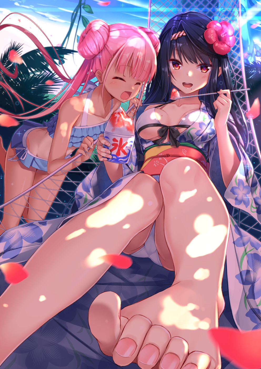 ass barefoot bikini black_hair breasts closed_eyes dappled_sunlight double_bun feet frilled_bikini frills gyuunyuu_bin hammock highres japanese_clothes kimono long_hair medium_breasts moe2018 mole mole_under_mouth multiple_girls open_mouth original panties pantyshot petals pink_hair pov_feet red_eyes shaved_ice sunlight swimsuit tan tanline toes twintails underwear white_panties yukata