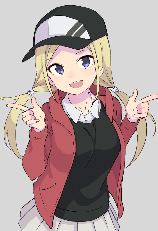 1girl :d aki_poi bangs baseball_cap black_hat blonde_hair blush collared_shirt commentary_request eyebrows_visible_through_hair grey_background hands_up hat head_tilt jacket long_hair low_twintails open_clothes open_jacket open_mouth original parted_bangs pleated_skirt purple_eyes red_jacket round_teeth shirt simple_background skirt smile solo sweater_vest teeth twintails upper_teeth very_long_hair white_shirt white_skirt