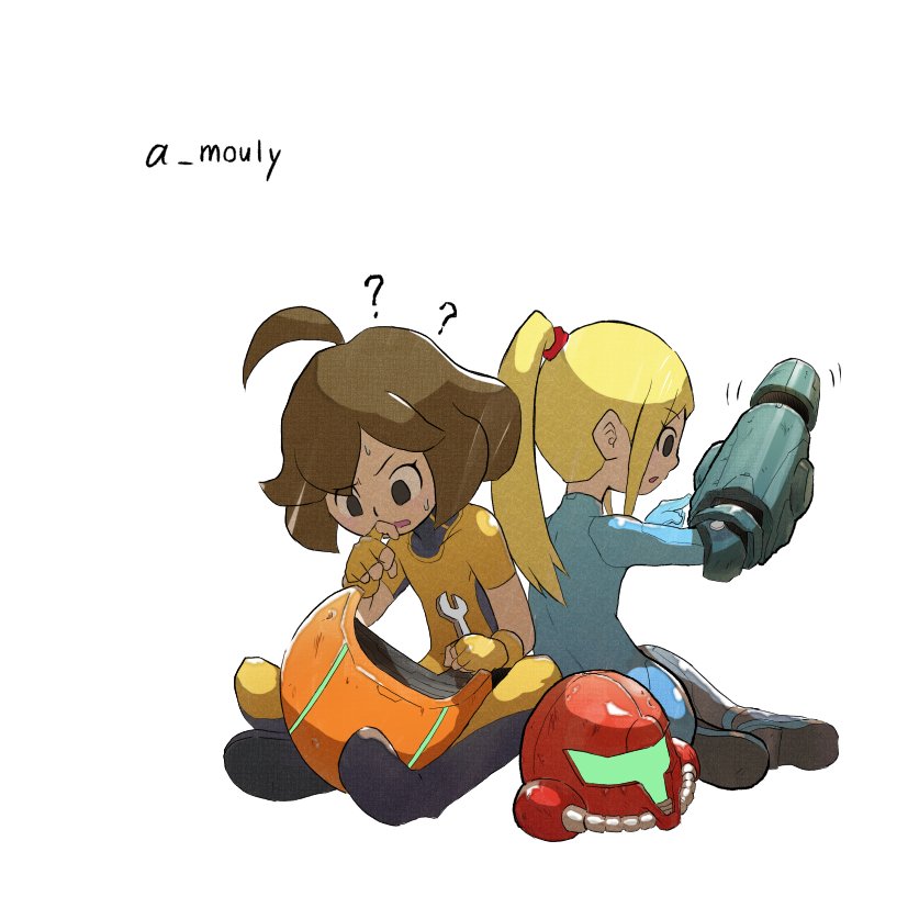 achillex_mouly ahoge arms_(game) blonde_hair blue_bodysuit bodysuit brown_hair domino_mask goggles high_ponytail long_hair mask mechanica_(arms) metroid mole mole_under_mouth multiple_girls ponytail purple_eyes samus_aran shiny shiny_clothes short_hair skin_tight smile super_smash_bros. zero_suit