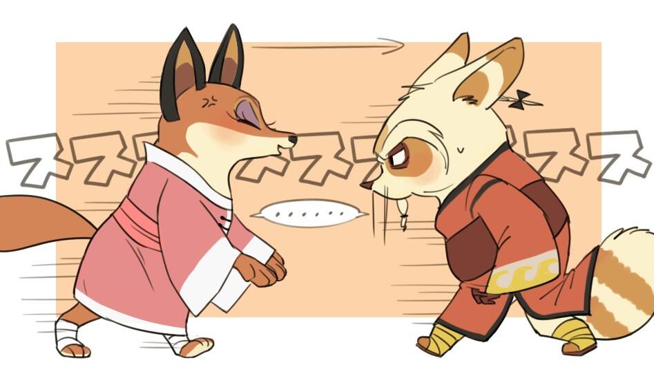 ... anger_vein anthro black_nose blush canine chinese_clothing clothed clothing dipstick_tail duo eyelashes eyeshadow facial_hair female fluffy fluffy_tail fox hi_res kung_fu_panda makeup male mammal master_shifu mei_ling_(fox) multicolored_tail mustache red_panda robe unknown_artist