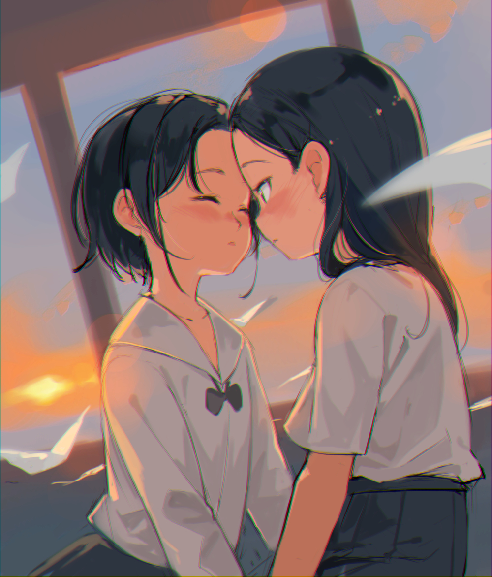 black_eyes black_hair blush chromatic_aberration closed_eyes garun_wattanawessako long_hair long_sleeves looking_at_another multiple_girls original school_uniform short_hair short_sleeves uniform yuri