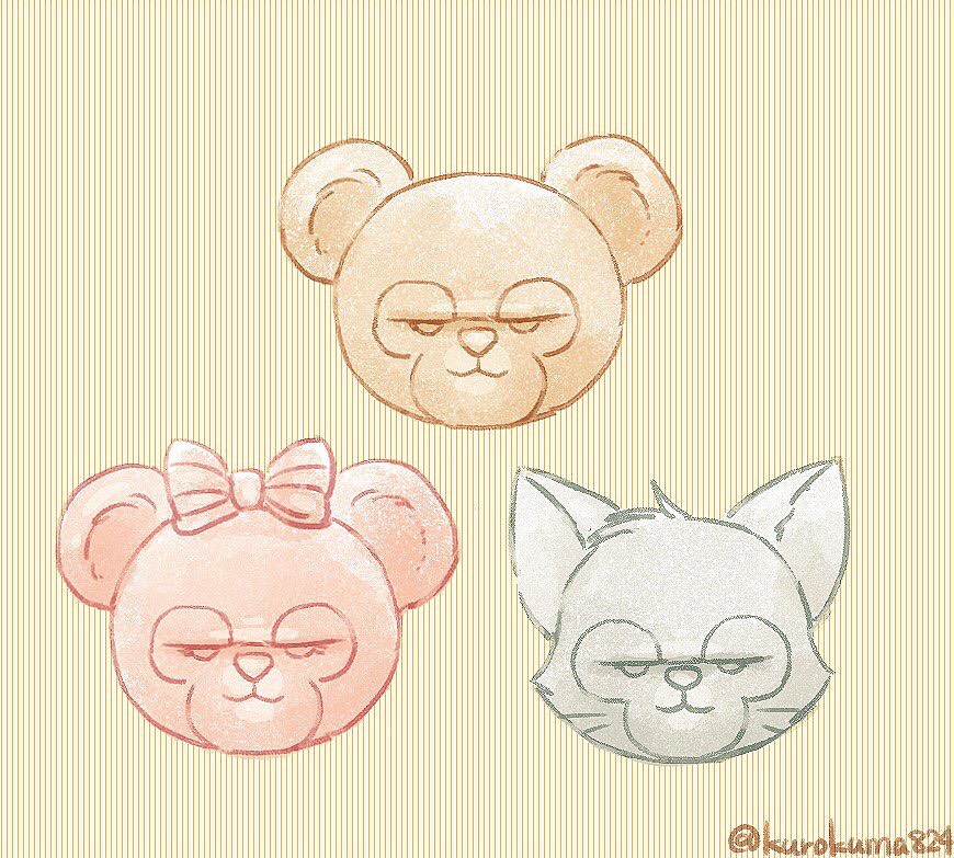 bear cat disembodied_head disney duffy_the_disney_bear feline fur gelatoni group hair_bow hair_ribbon head_tuft kurokuma824 mammal pattern_background pointy_ears rape_face ribbons round_ears shelliemay simple_background smug striped_background tuft whiskers yellow_background