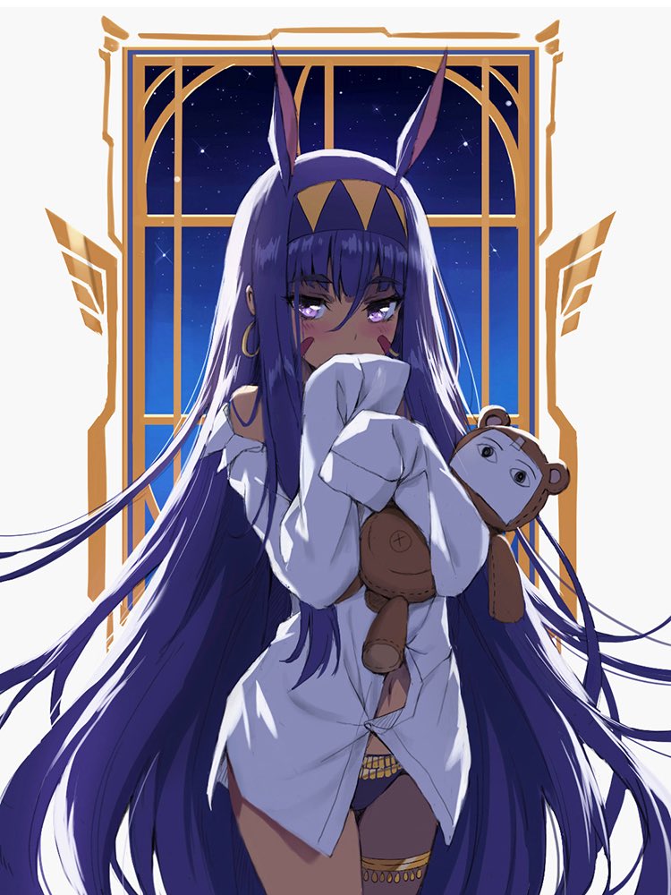 &lt;o&gt;_&lt;o&gt; animal_ears bangs bare_shoulders black_panties blunt_bangs blush bunny_ears covering_mouth dress_shirt earrings eyebrows_visible_through_hair facial_mark fate/grand_order fate_(series) hair_between_eyes hairband hoop_earrings jewelry long_hair long_sleeves looking_at_viewer navel night night_sky nitocris_(fate/grand_order) no_pants off_shoulder panties paper purple_eyes purple_hair shirt sky sleeves_past_fingers sleeves_past_wrists solo star_(sky) starry_sky straight_hair stuffed_animal stuffed_toy teddy_bear thigh_strap tonee two-tone_hairband underwear very_long_hair whisker_markings white_shirt window