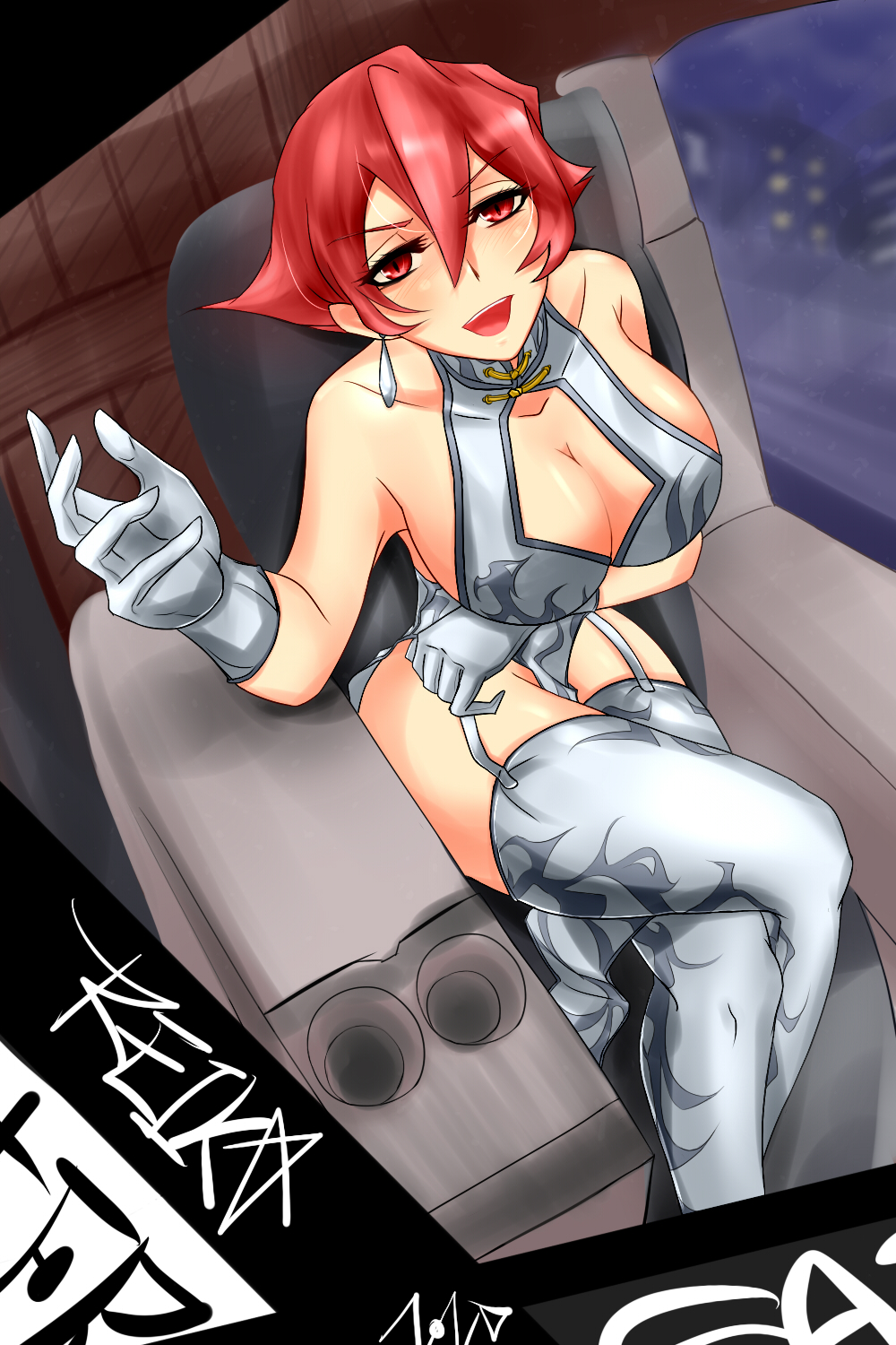 1girl bangs bare_arms bare_shoulders character_request china_dress cleavage cleavage_cutout from_above garter_straps gloves legs_crossed leotard looking_at_viewer open_mouth pixiv red_eyes red_hair short_hair sin_(3294455892) solo source_request thighhighs thighs