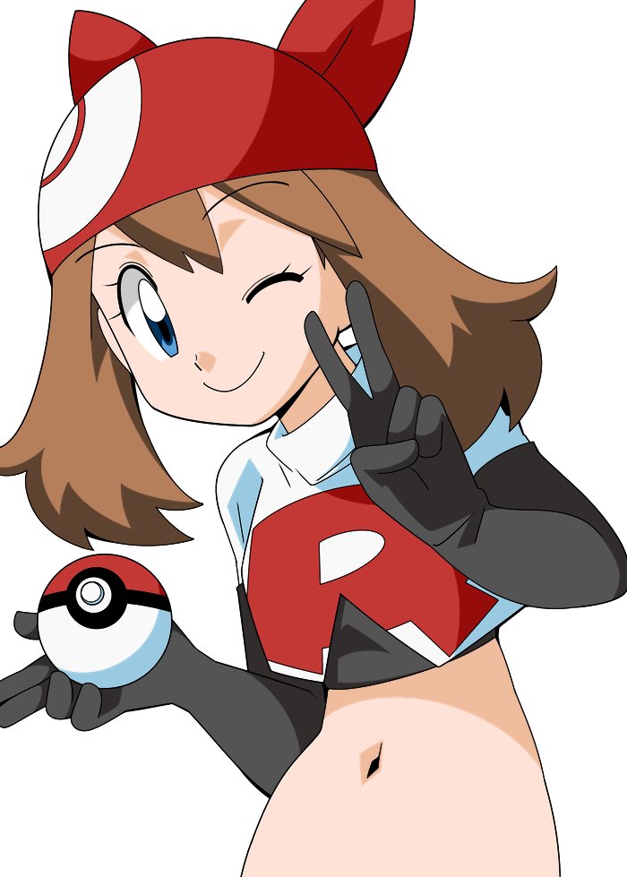 1girl bandanna blue_eyes brown_hair elbow_gloves hainchu haruka_(pokemon) pokeball pokemon pokemon_(anime) solo tagme team_rocket team_rocket_(cosplay) winking