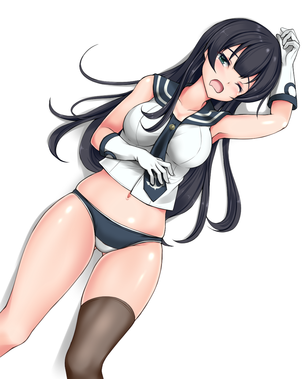 agano_(kantai_collection) armpits bad_id bad_pixiv_id black_hair black_legwear blush breasts commentary_request drooling gloves hair_between_eyes highres kantai_collection large_breasts long_hair looking_at_viewer lying on_back one_eye_closed open_mouth panties school_uniform serafuku shirt simple_background single_thighhigh sleeveless sleeveless_shirt solo thighhighs thighs underwear white_background white_gloves z5987