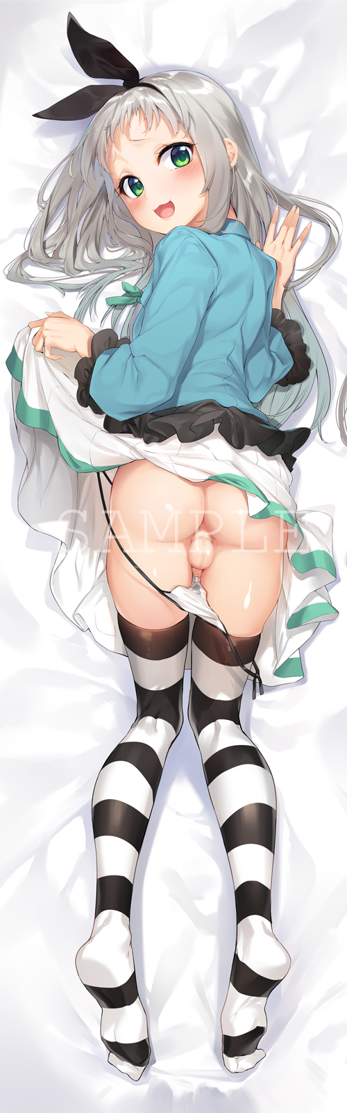 1boy anus apron ass bed_sheet black_bow black_hairband blend_s blue_jacket blush bow dress dress_hold dress_lift erection feet fruit glass gloves green_dress green_eyes green_ribbon grey_hair hair_bow hairband highres jacket kanzaki_hideri long_hair long_sleeves looking_at_viewer looking_back lying male_focus navel nipples on_stomach open_mouth panties penis precum puffy_short_sleeves puffy_sleeves ribbon sample shiny shiny_hair shiny_skin short_sleeves silver_hair stain striped striped_legwear testicles trap uncensored underwear white_legwear white_panties yaguo
