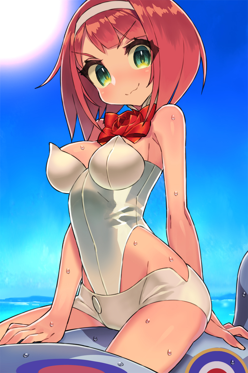 adapted_costume ark_royal_(kantai_collection) bangs blue_sky blunt_bangs bob_cut bow bowtie breasts cleavage commentary_request cowboy_shot day detached_collar green_eyes hairband highres inflatable_toy itsumo_nokoru kantai_collection looking_at_viewer medium_breasts outdoors red_hair red_neckwear riding short_hair short_shorts shorts sky solo strapless strapless_swimsuit sun swimsuit wet wet_clothes wet_swimsuit white_hairband white_swimsuit