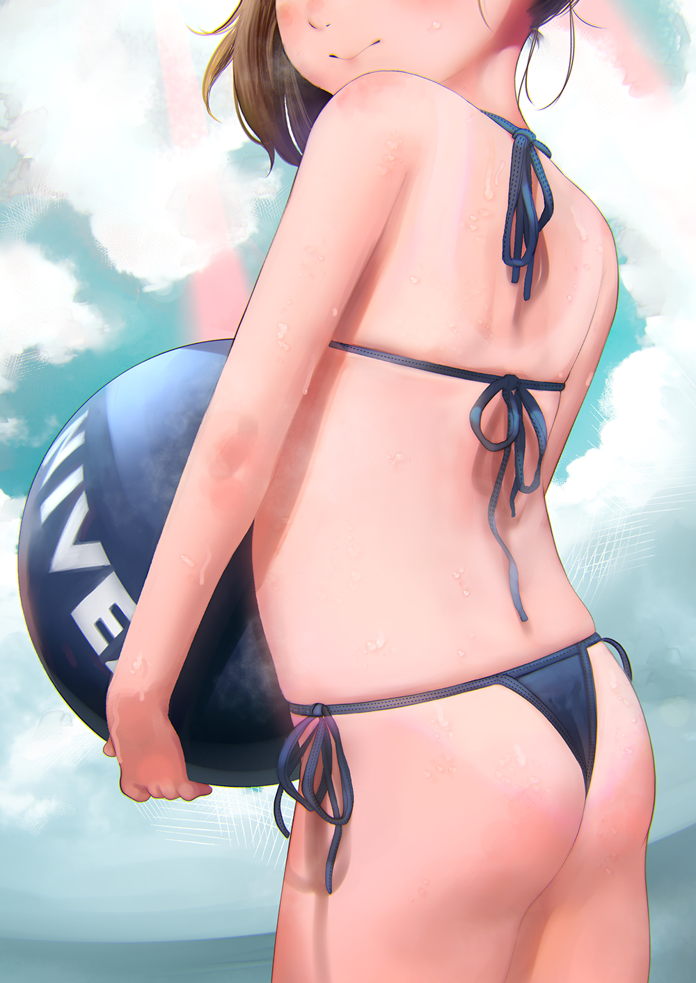 1girl ass ball bare_arms bare_shoulders blush brown_hair child cloud cowboy_shot earrings female from_behind hideousbeing highres holding holding_ball loli midriff one-piece_tan original short_hair side-tie_bikini solo tan tanline wet