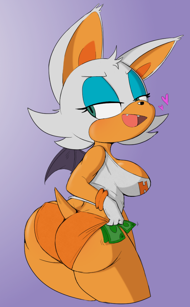 &lt;3 2018 anthro bat bat_wings big_breasts big_butt bracelet breasts butt clothed clothing digital_media_(artwork) edit eyelashes fangs female fur hooters jewelry looking_back mammal membranous_wings money open_mouth purple_yoshi_draws rear_view rouge_the_bat shirt shorts smile solo sonic_(series) standing thick_thighs wings