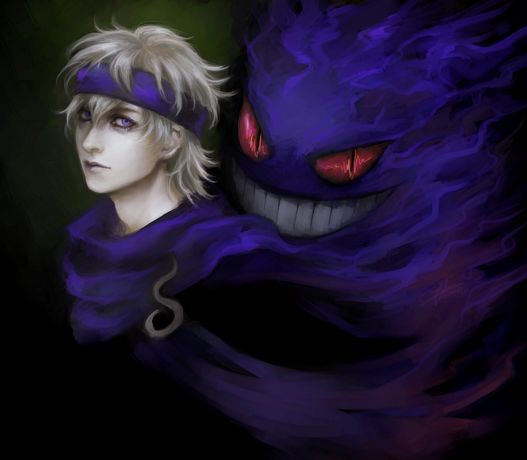 bad_id bad_pixiv_id bandana closed_mouth evil_smile gen_1_pokemon gengar ghost grey_hair grin gym_leader lips looking_at_viewer male_focus matsuba_(pokemon) omurizer pokemon pokemon_(creature) pokemon_(game) pokemon_hgss pokemon_trainer purple_eyes realistic red_eyes scarf smile teeth