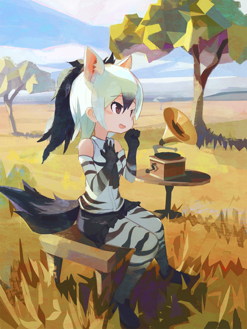 :d aardwolf_(kemono_friends) aardwolf_ears aardwolf_tail animal_ears animal_print backlighting bare_shoulders black_footwear black_gloves black_hair black_legwear black_neckwear black_shorts blue_sky blush brown_eyes clenched_hand cloud collared_shirt day elbow_gloves extra_ears eyebrows_visible_through_hair full_body gloves gradient_gloves gradient_hair gradient_legwear grass hair_between_eyes hand_on_own_chest hands_up high_ponytail kemono_friends knees_together_feet_apart long_hair looking_away multicolored multicolored_clothes multicolored_gloves multicolored_hair multicolored_legwear music necktie official_style open_mouth outdoors pantyhose phonograph ponytail print_gloves print_legwear print_shirt saltlaver savannah shadow shirt shoes short_shorts shorts sidelocks singing sitting sky sleeveless sleeveless_shirt smile solo striped striped_gloves striped_legwear striped_shirt sunlight tail tatsuki_(irodori)_(style) tree tsurime two-tone_gloves two-tone_hair two-tone_legwear white_gloves white_hair white_legwear white_shirt