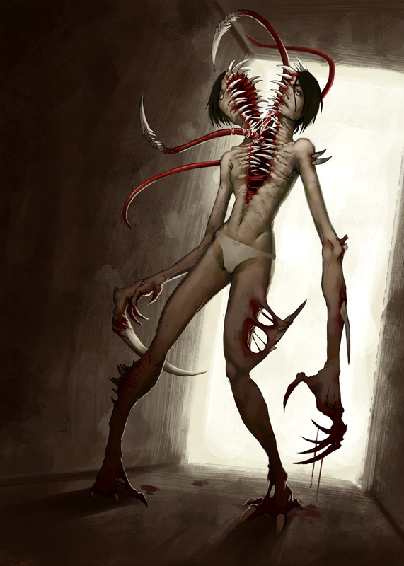 blood claws clothing fangs female monster monster_girl_(genre) nightmare_fuel panties shadow solo spikes standing teeth tentacles the_thing transformation travjames underwear where_is_your_god_now