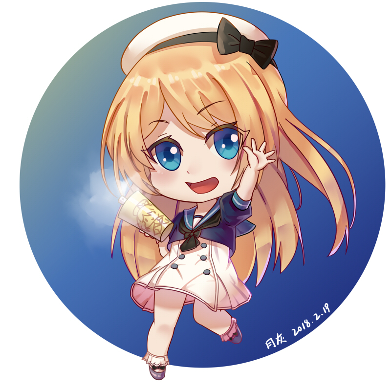 black_neckwear blonde_hair blue_background blue_eyes blue_sailor_collar chibi commentary dated dress hand_up hat jervis_(kantai_collection) kantai_collection long_hair moon_ash neckerchief open_mouth sailor_collar sailor_dress short_sleeves simple_background smile solo white_background