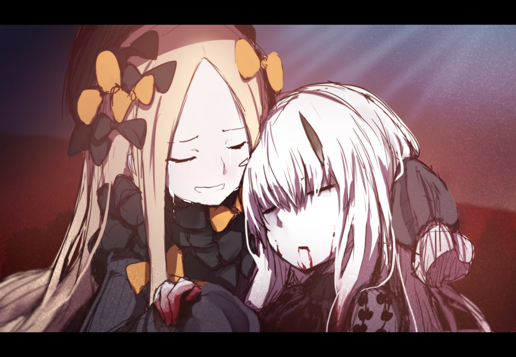 abigail_williams_(fate/grand_order) bad_id bad_pixiv_id bangs black_bow black_dress black_hat blonde_hair blood blood_from_mouth bow closed_eyes closed_mouth crying dress eyebrows_visible_through_hair fate/grand_order fate_(series) forehead hair_between_eyes hair_bow hat horn lavinia_whateley_(fate/grand_order) letterboxed long_hair long_sleeves multiple_girls orange_bow parted_bangs polka_dot polka_dot_bow sketch sleeves_past_fingers sleeves_past_wrists tears very_long_hair wada_kazu white_hair