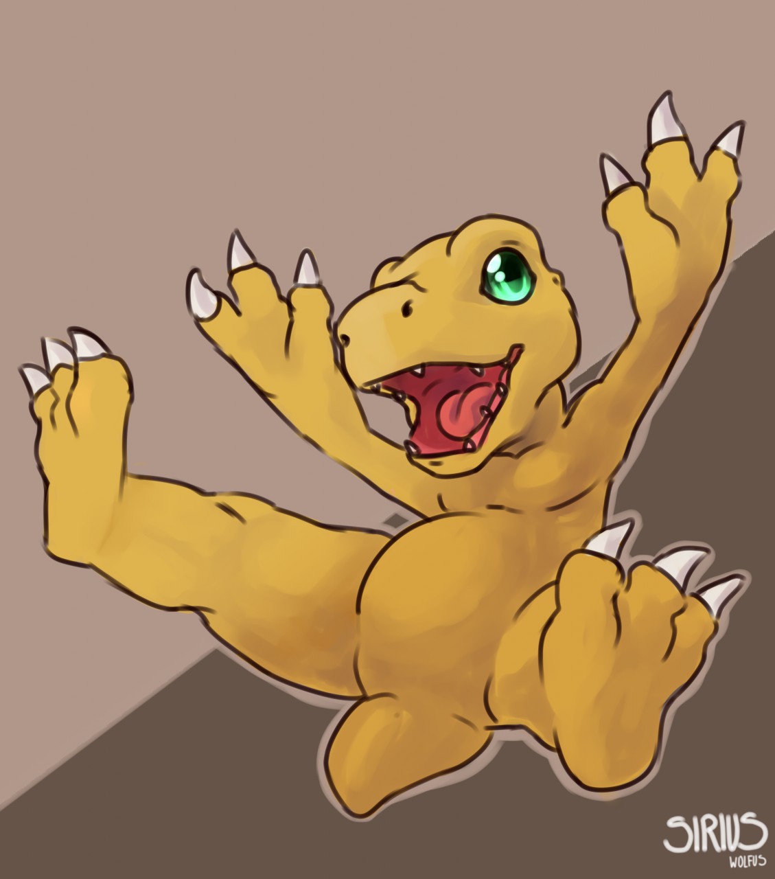 2017 agumon digimon digital_media_(artwork) dinosaur male scalie simple_background siriuswolfus smile solo teeth tongue yellow_skin