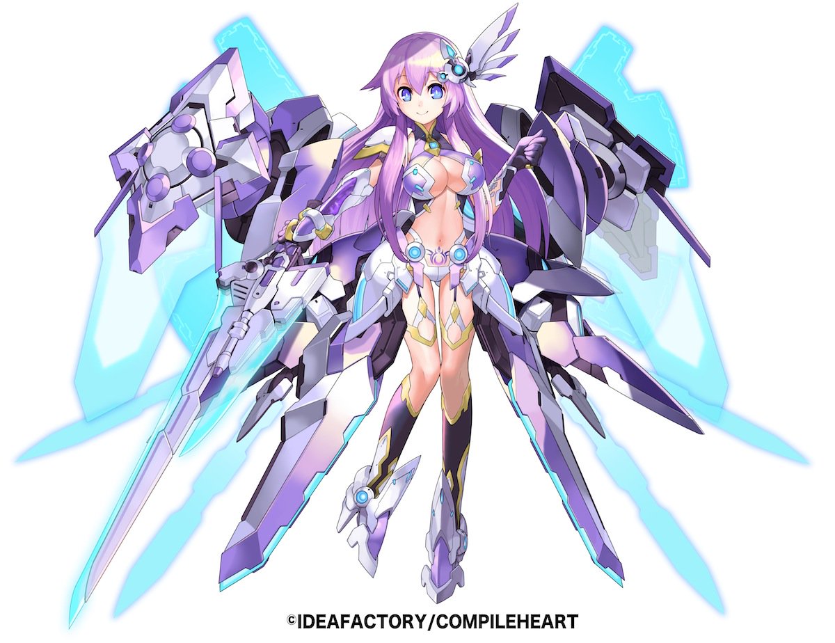 alternate_breast_size armor bangs blue_eyes breasts cleavage commentary company_connection copyright_name elbow_gloves eyebrows_visible_through_hair full_body gloves hair_ornament holding holding_weapon large_breasts long_hair looking_at_viewer mechanical_wings navel nepgear nepnep_connect:_chaos_chanpuru neptune_(series) nkmr8 official_art purple_hair purple_sister purple_sister_v shoulder_armor simple_background smile solo weapon white_background wings