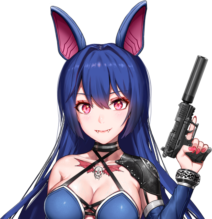 animal_ears arm_at_side bangs bat_ears blue_hair bracelet breasts cleavage closed_mouth collarbone commentary_request corset criss-cross_halter crossed_legs detached_sleeves eyebrows_visible_through_hair fake_animal_ears fangs greem_bang gun hair_between_eyes hair_intakes halterneck handgun holding holding_gun holding_weapon jewelry large_breasts long_hair looking_at_viewer nail_polish original pink_eyes red_nails shiny shiny_hair shiny_skin shoulder_armor sidelocks simple_background single_bare_shoulder single_spaulder skindentation smile solo spaulders standing suppressor tattoo trigger_discipline veiny_breasts very_long_hair walther_p22 weapon white_background