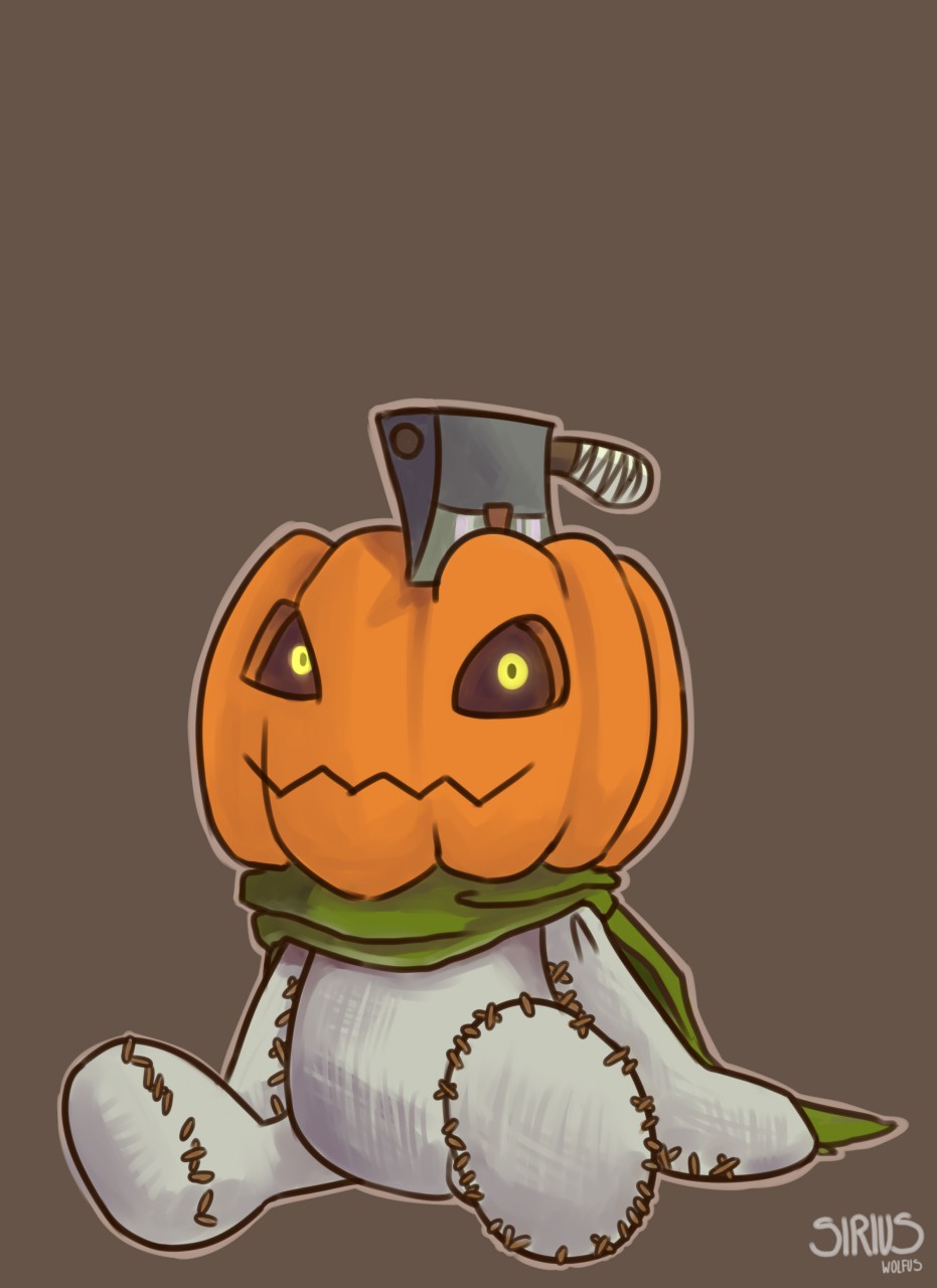 2017 cape cleaver clothing digit digital_media_(artwork) looking_at_viewer melee_weapon on pumpkinmon simple_background siriuswolfus solo weapon
