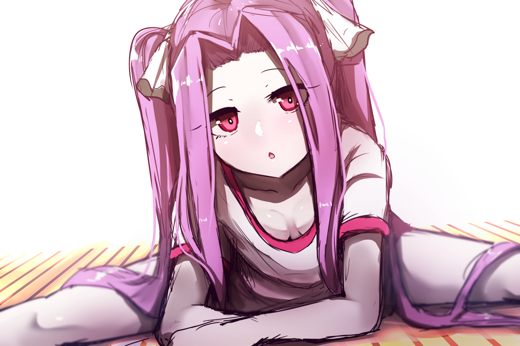 bad_id bad_pixiv_id bangs blush breasts chestnut_mouth collarbone downblouse fate/grand_order fate_(series) hair_ribbon long_hair looking_at_viewer medusa_(lancer)_(fate) parted_bangs parted_lips purple_eyes purple_hair ribbon rider shirt short_sleeves sketch small_breasts solo split very_long_hair wada_kazu white_background white_ribbon white_shirt wooden_floor