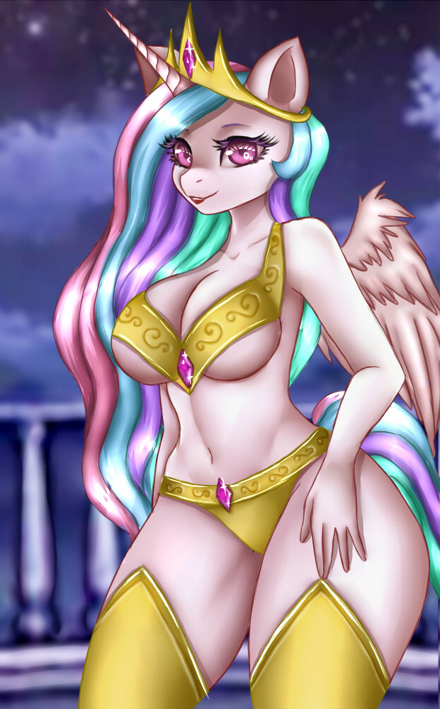 2018 5_fingers anthro balcony big_breasts blurred_background bra breasts cleavage clothed clothing cloud crown equine eyebrows eyelashes feathered_wings feathers female friendship_is_magic fully_clothed hair horn legwear long_hair makeup mammal mascara multicolored_hair my_little_pony navel outside panties pinktooth portrait princess_celestia_(mlp) purple_eyes railing rainbow_hair sky smile solo thick_thighs thigh_highs three-quarter_portrait under_boob underwear white_feathers winged_unicorn wings