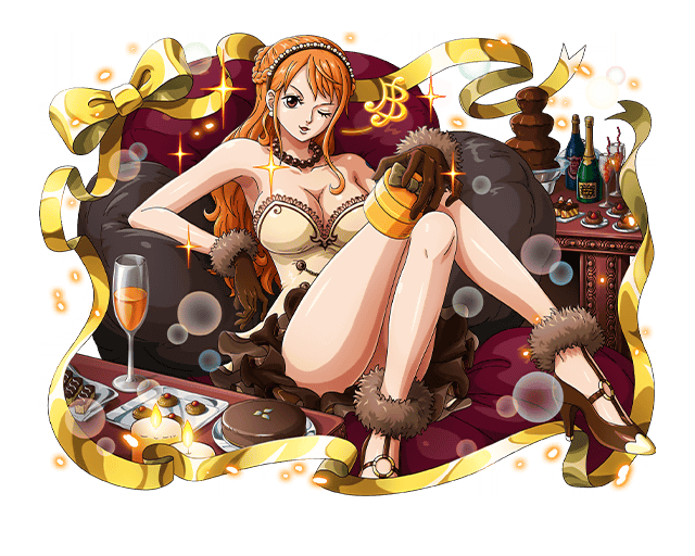 bodskih box breasts brown_eyes brown_footwear brown_gloves cake cleavage collarbone dress food frilled_hairband frills full_body fur_trim glass gloves hairband hand_on_own_knee high_heels holding jewelry large_breasts long_hair looking_at_viewer nami_(one_piece) necklace one_eye_closed one_piece open_mouth orange_hair ribbon shiny shiny_skin short_dress sideboob sitting sleeveless sleeveless_dress solo strapless strapless_dress transparent_background very_long_hair yellow_ribbon