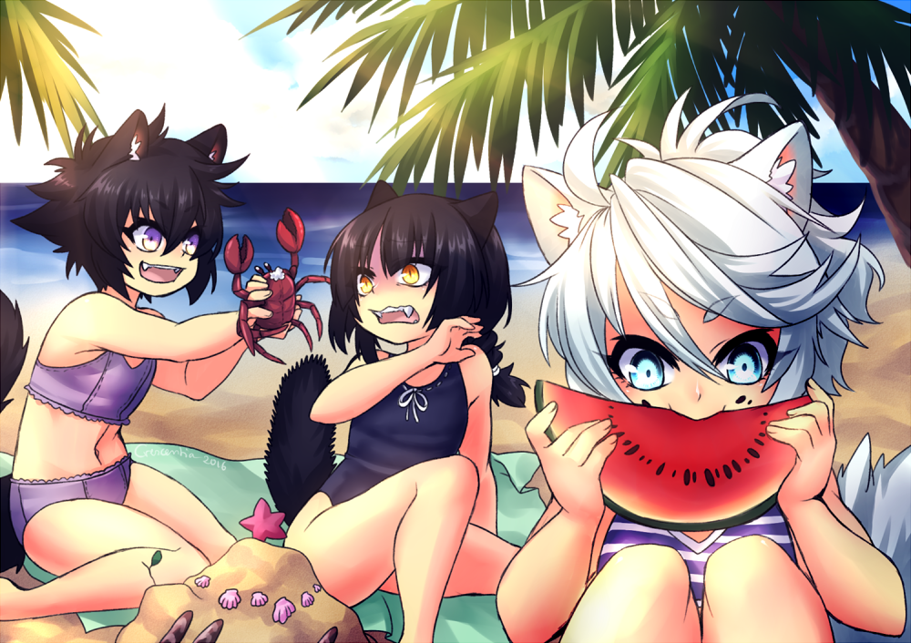 3girls abs alternate_age beach black_hair blanket blue_eyes braid child crab crescentia deathblight eating empress_(deathblight) fangs laika_(deathblight) minori_(deathblight) multiple_girls navel ocean one-piece_swimsuit palm_tree ponytail purple_eyes sand scared short_hair silver_hair sky smile swimsuit watermelon white_hair yellow_eyes younger
