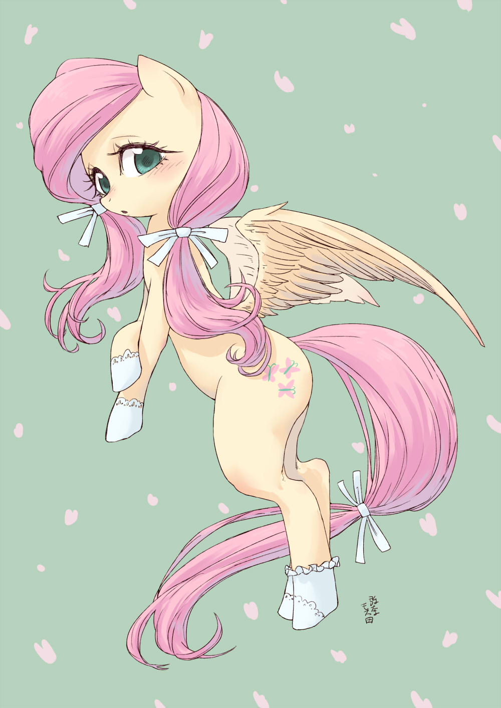 2018 blush clothing cute cutie_mark equine eyebrows eyelashes feathered_wings feathers female feral flower_petals fluttershy_(mlp) friendship_is_magic full-length_portrait green_background hair hair_bow hair_ribbon japanese_text legwear looking_at_viewer mammal my_little_pony nude open_mouth pegasus petals pink_hair portrait ribbons side_view signature simple_background socks solo teal_eyes text wings yanamosuda yellow_feathers