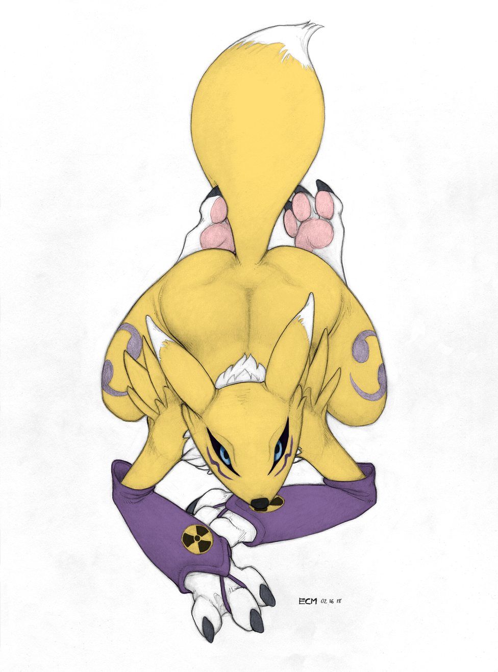 2018 ambiguous_gender anthro armwear bridal_gauntlets claws clothing digimon dipstick_ears dipstick_tail ecmajor edit facial_markings hi_res looking_at_viewer markings monochrome multicolored_tail pawpads renamon sketch solo toe_claws traditional_media_(artwork)
