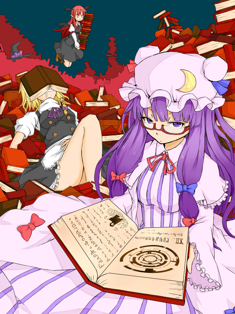 :&lt; :/ apron armband bat_wings bespectacled black_dress blonde_hair book book_stack bow braid capelet commentary_request crescent crescent_moon_pin dress dress_shirt drooling floating frills glasses hair_ribbon hat hat_bow hat_removed head_wings headwear_removed holding holding_book ishimu juliet_sleeves kirisame_marisa koakuma long_hair long_sleeves looking_at_viewer looking_over_eyewear lying magic_circle mob_cap multiple_girls necktie open_book patchouli_knowledge puffy_short_sleeves puffy_sleeves purple_dress purple_eyes purple_hair red-framed_eyewear red_hair red_neckwear ribbon semi-rimless_eyewear shirt shoes short_sleeves side_braid sidelocks sitting sitting_on_books skirt skirt_set sleeping striped striped_dress too_many too_many_books touhou tress_ribbon under-rim_eyewear very_long_hair vest waist_apron white_shirt wide_sleeves wings witch_hat