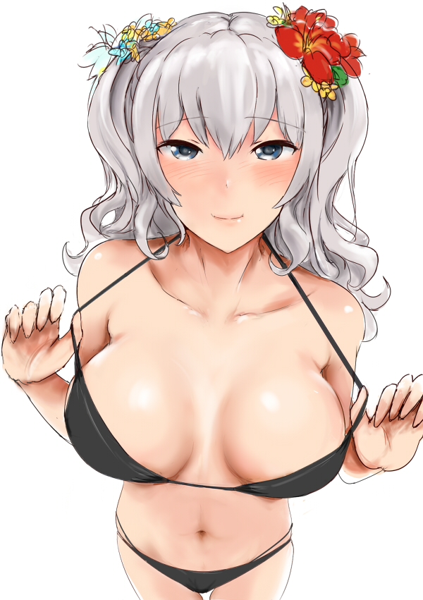 bad_id bad_pixiv_id bikini black_bikini blue_eyes blush breasts commentary_request cowboy_shot dosaken flower from_above hair_flower hair_ornament halterneck kantai_collection kashima_(kantai_collection) large_breasts long_hair looking_at_viewer silver_hair simple_background smile solo strap_pull swimsuit twintails white_background
