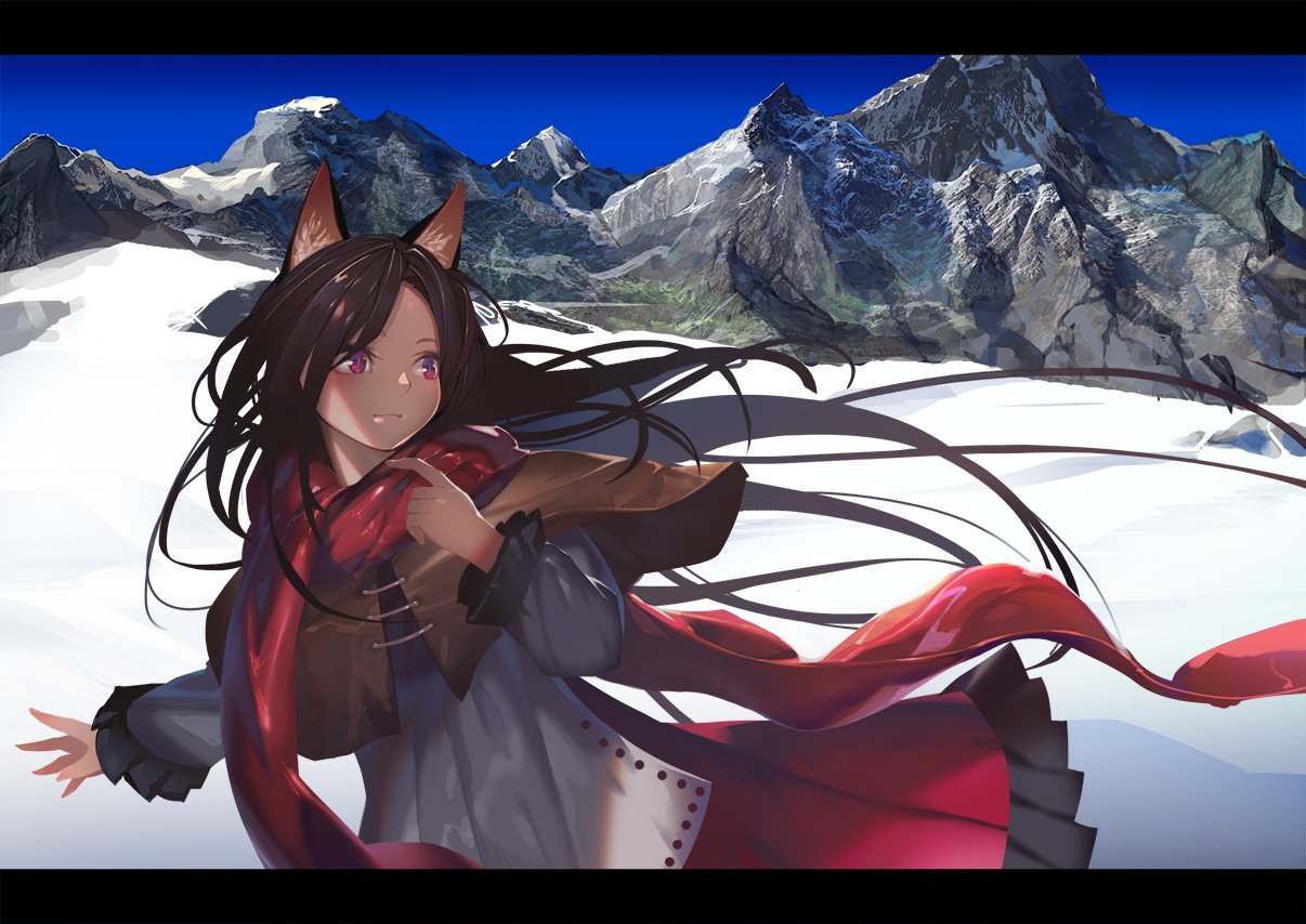 animal_ears bangs brown_hair capelet closed_mouth commentary_request dress imaizumi_kagerou index_finger_raised long_hair long_sleeves looking_to_the_side mountain multicolored multicolored_clothes multicolored_dress onion_(onion_and_pi-natto) outdoors parted_bangs petticoat photo_bashing red_eyes red_scarf scarf sky snow solo touhou wolf_ears