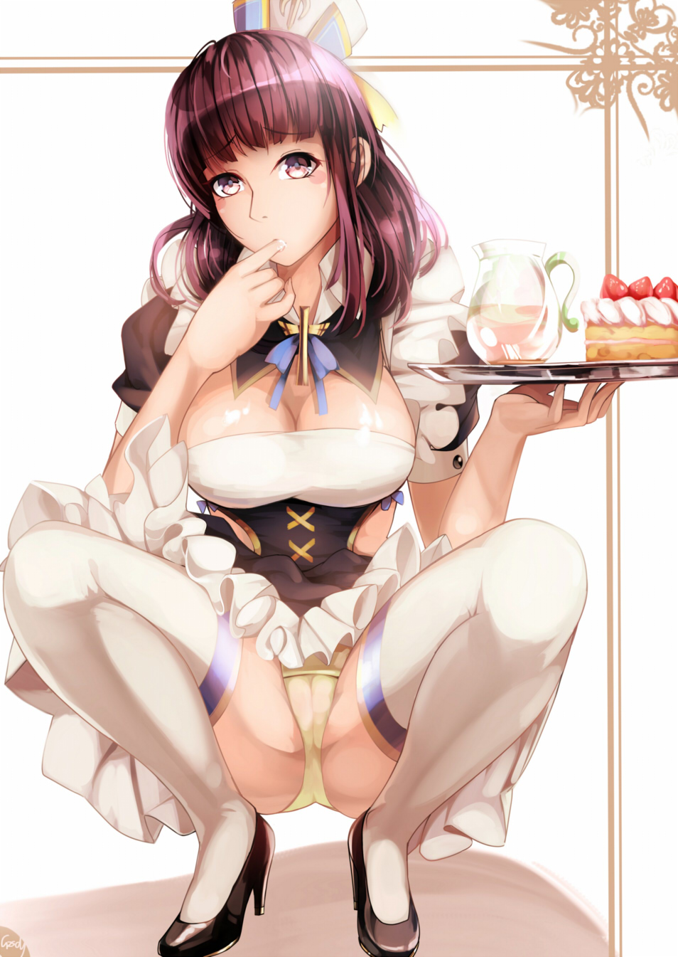 bow breasts cake cameltoe cleavage crotch_seam dress dungeon_and_fighter female_crusader_(dungeon_and_fighter) female_priest_(dungeon_and_fighter) finger_in_mouth food frilled_dress frills gzsd hat high_heels highres holding holding_tray maid medium_breasts panties puffy_short_sleeves puffy_sleeves purple_eyes purple_hair sexually_suggestive short_sleeves side_cutout sidelocks solo spread_legs squatting thighhighs tray underwear yellow_panties