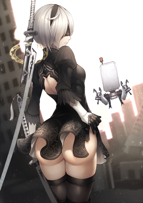 ass back_cutout backlighting banned_artist black_blindfold black_dress black_hairband black_legwear blindfold breasts building closed_mouth covered_eyes cowboy_shot dress dress_lift elbow_gloves facing_viewer feather-trimmed_sleeves floating floating_object from_behind gloves hairband holding holding_sword holding_weapon idolmaster juliet_sleeves kyoeiki lifted_by_self light_particles long_sleeves nier_(series) nier_automata pod_(nier_automata) puffy_sleeves ruins short_dress short_hair silver_hair small_breasts solo standing sword thighhighs_under_boots turning_head weapon white_gloves yorha_no._2_type_b