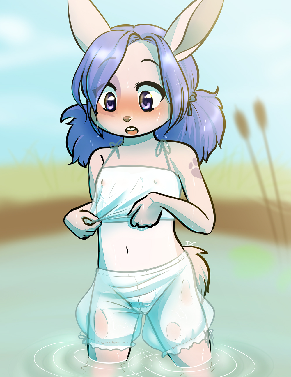 ajdurai blue_hair blush breasts clothed clothing cub drychicken fan_character female fur hair lagomorph mammal navel nipples no_underwear open_mouth pussy rabbit signature simple_background small_breasts solo water wet wet_clothes young