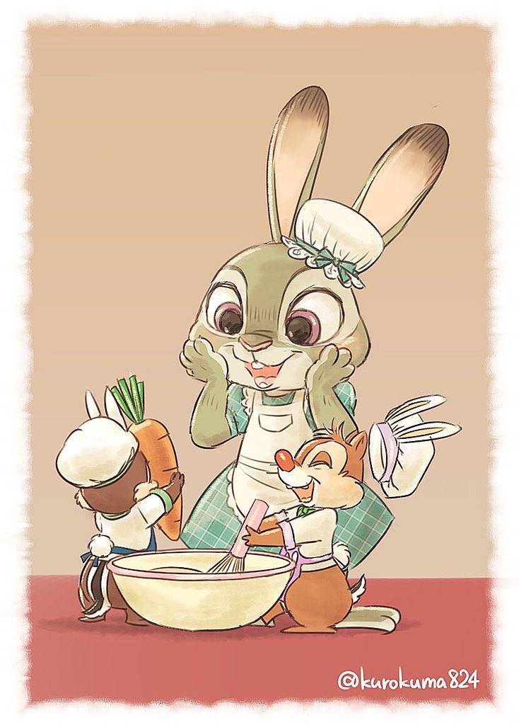 2016 4_fingers anthro apron border bottomless bowl brown_fur buckteeth carrot chip_'n_dale_rescue_rangers chip_(cdrr) clothed clothing cooking crossover cub cute dale_(cdrr) dipstick_ears disney dress eyes_closed fake_ears fake_rabbit_ears female food fur grey_fur group hands_on_face hat holding_food holding_object judy_hopps kurokuma824 lagomorph mammal open_mouth open_smile purple_eyes rabbit rear_view red_nose shirt simple_background size_difference smile standing stripes tan_fur teeth vegetable whisk white_border young zootopia