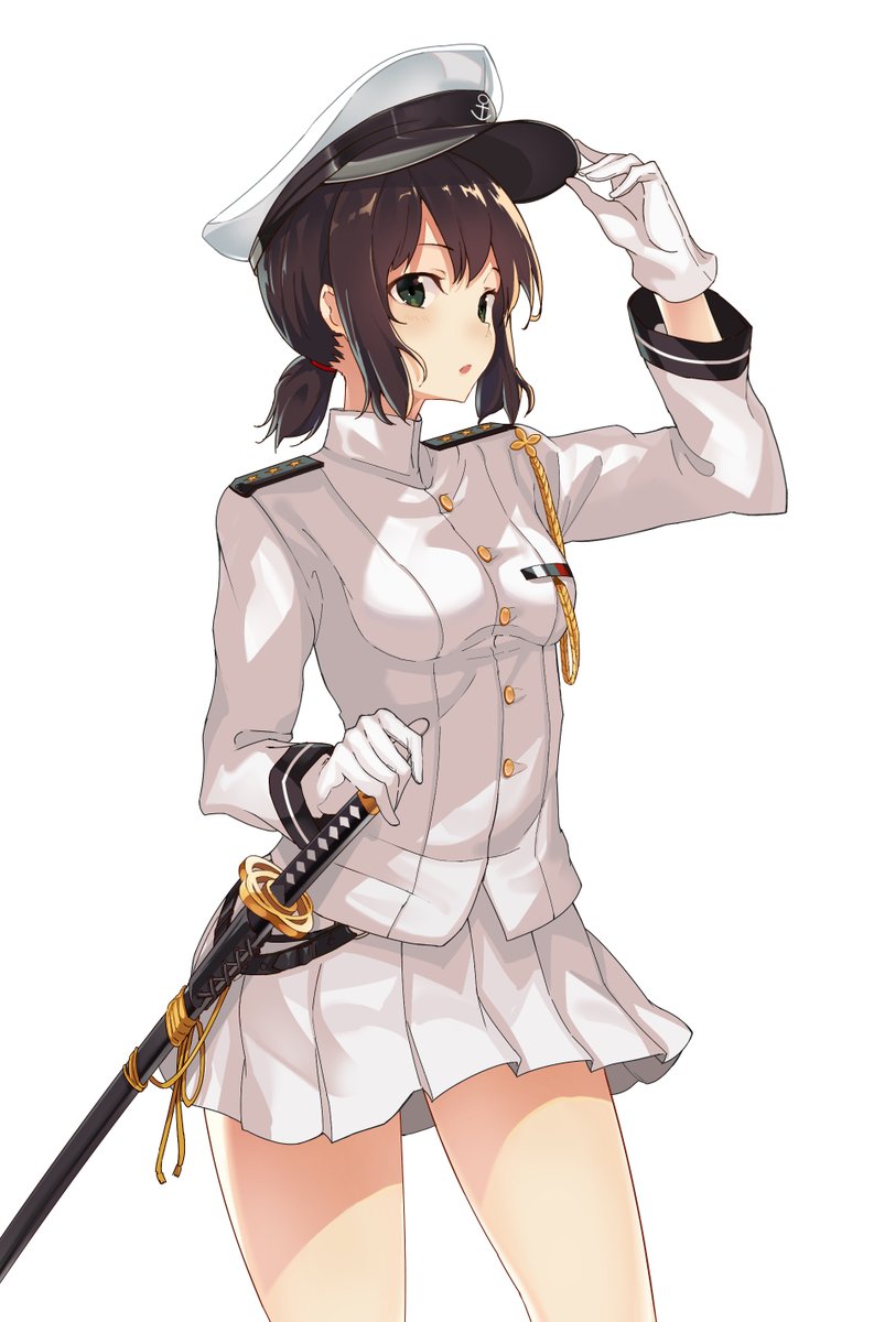 admiral_(kantai_collection) admiral_(kantai_collection)_(cosplay) anchor_symbol arm_up bangs blush breasts brown_hair buttons cosplay cowboy_shot eyebrows_visible_through_hair female_admiral_(kantai_collection) fubuki_(kantai_collection) gloves green_eyes hand_on_hilt hat highres kantai_collection long_sleeves looking_at_viewer medium_breasts open_mouth oweee peaked_cap pleated_skirt sheath sheathed short_hair short_ponytail simple_background skirt solo sword weapon white_background white_gloves white_skirt
