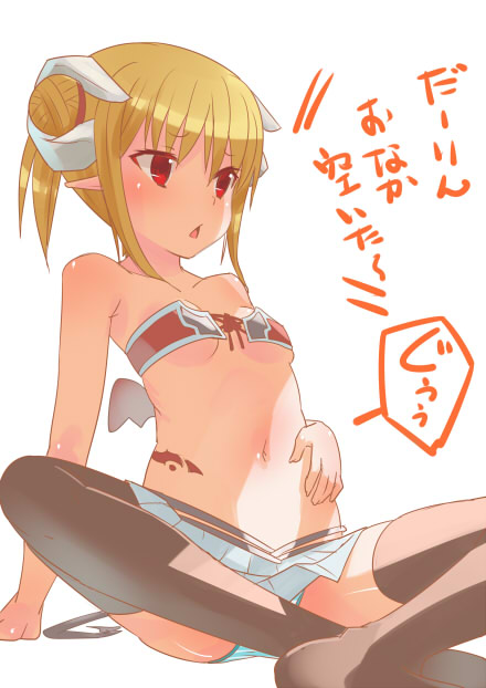bandeau bare_shoulders black_legwear blonde_hair breasts check_translation demon_girl double_bun hand_on_own_stomach horns hungry kakuno looking_away navel original panties pointy_ears red_eyes shelly_(kakuno) simple_background sitting skirt small_breasts solo spread_legs stomach_growling striped striped_panties tail tattoo thighhighs translation_request triangle_mouth underwear white_background wings