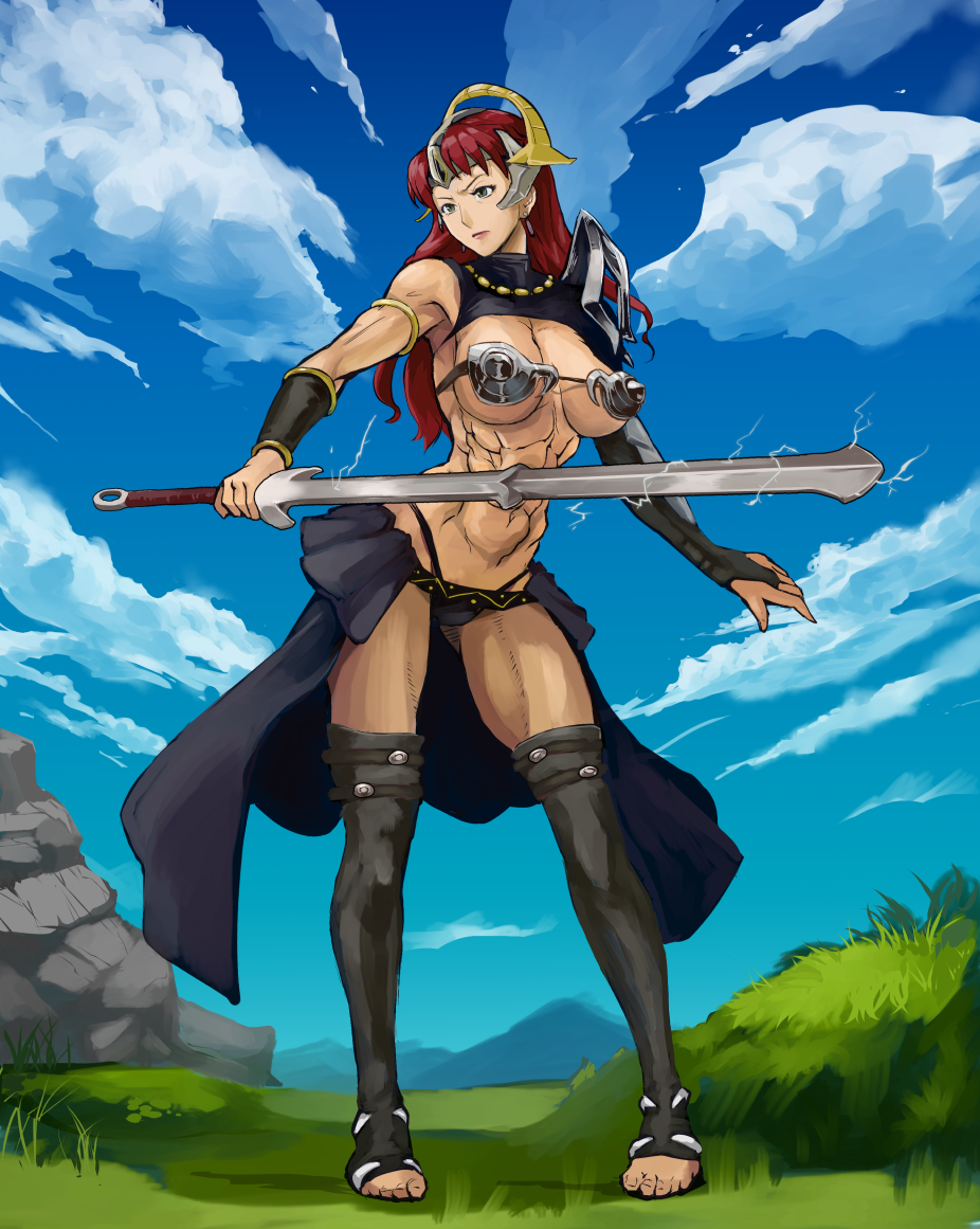 1girl abs bikini_armor breasts claudette_(queen's_blade) helmet jewelry large_breasts mikazuki_shigure queen's_blade red_hair solo sword thong weapon