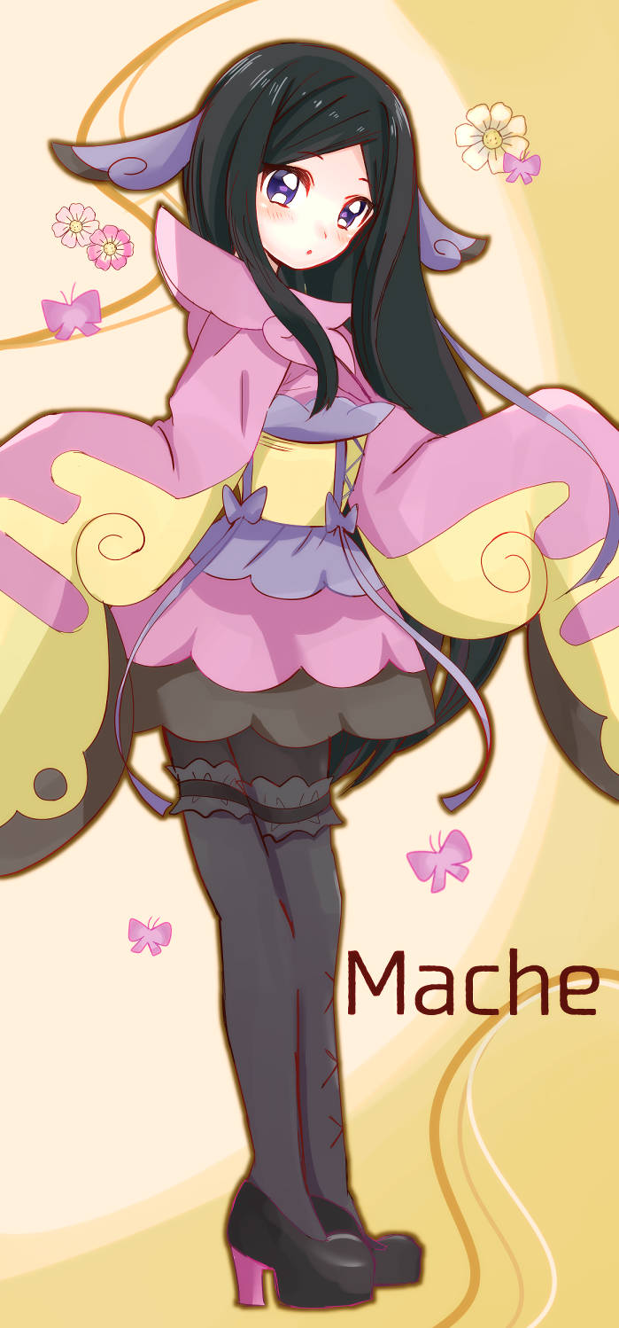 1girl black_footwear black_hair black_legwear blush butterfly character_name eyebrows_visible_through_hair female flower full_body furisode garters gym_leader hair_ornament hands_up high_heels japanese_clothes jpeg_artifacts kimono long_hair long_sleeves looking_at_viewer mache_(pokemon) open_mouth pantyhose pink_kimono pokemon pokemon_(game) pokemon_xy purple_eyes ririse sash shoes simple_background skirt sleeves_past_wrists solo standing text thighhighs yellow_background