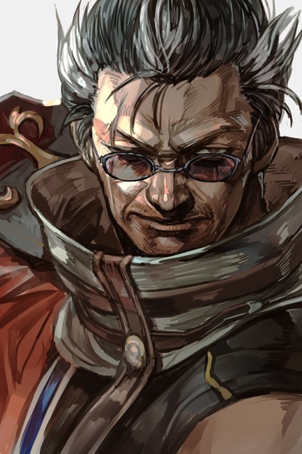 auron brown_eyes brown_hair coat facial_hair final_fantasy final_fantasy_x glasses hankuri looking_at_viewer male_focus nose short_hair silver-framed_eyewear solo spiked_hair stubble upper_body v-shaped_eyebrows white_background