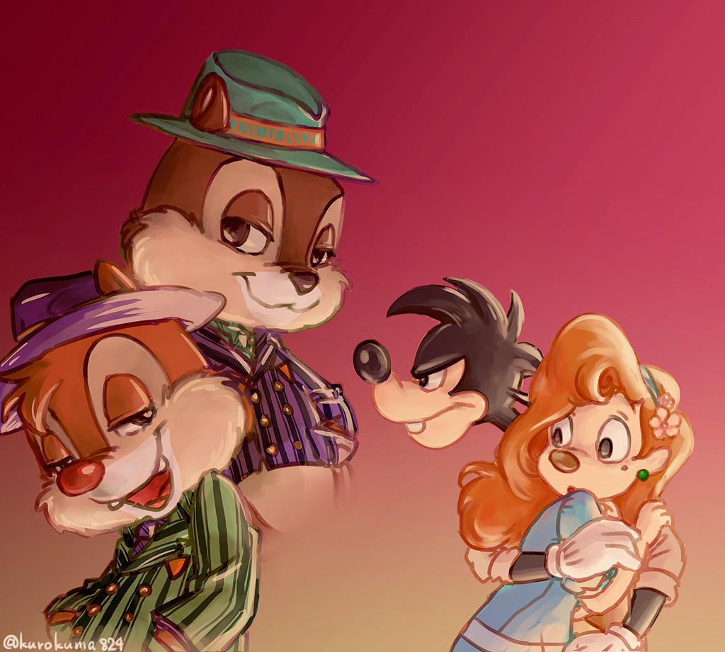 2015 angry anthro black_hair black_nose bottomless brown_fur brown_nose buckteeth canine chip_'n_dale_rescue_rangers chip_(cdrr) chipmunk clothed clothing dale_(cdrr) disney dog ear_piercing female flower fur gangster goof_troop gradient_background group hair half-closed_eyes hat head_tuft kurokuma824 looking_at_viewer male mammal max_goof piercing plant protecting red_hair red_nose rodent roxanne_(goof_troop) scared simple_background suit teeth trilby_(hat) tuft white_gloves