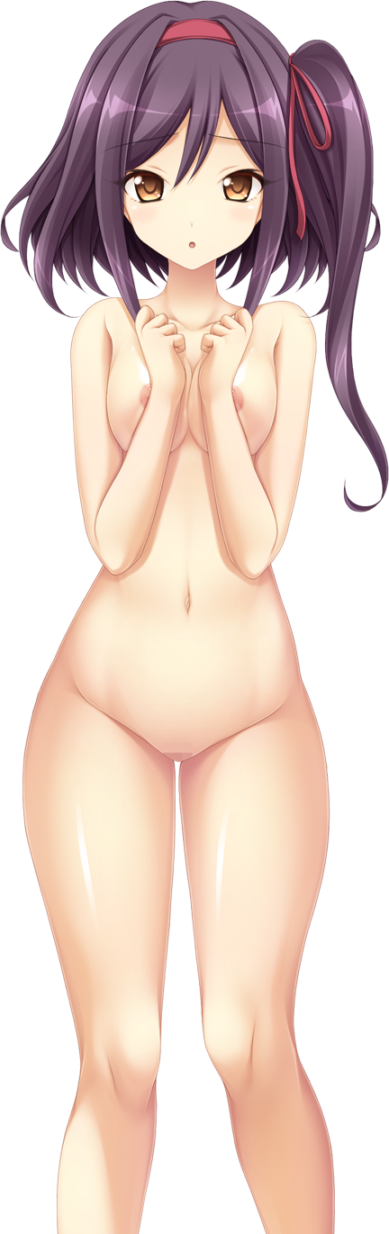 :o aoi_tori_(purple_software) breasts censored clenched_hands collarbone denwa_no_akuma eyebrows_visible_through_hair forearms_at_chest hairband highres koku long_hair looking_at_viewer medium_breasts mosaic_censoring navel nipples non-web_source nude official_art one_side_up orange_eyes purple_hair pussy solo transparent_background